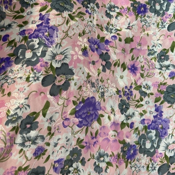 Vintage pink short puff sleeve midi day dress purple white floral print - Picture 6 of 7